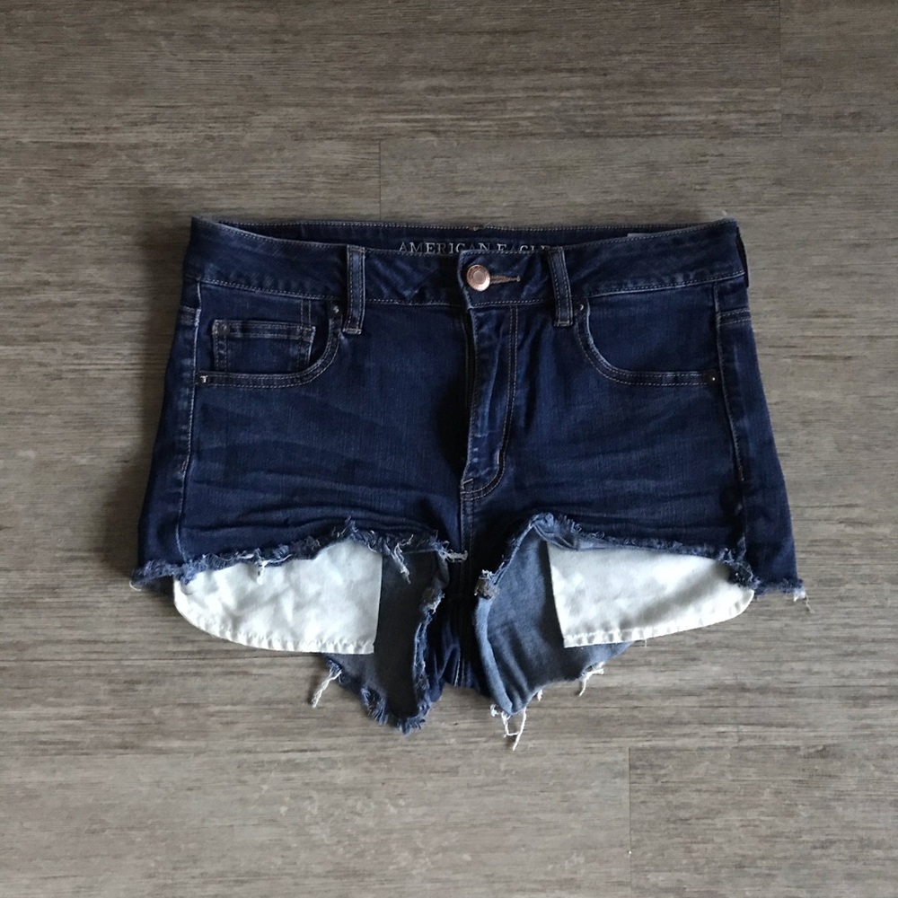AE dark-wash high waisted jean shorts